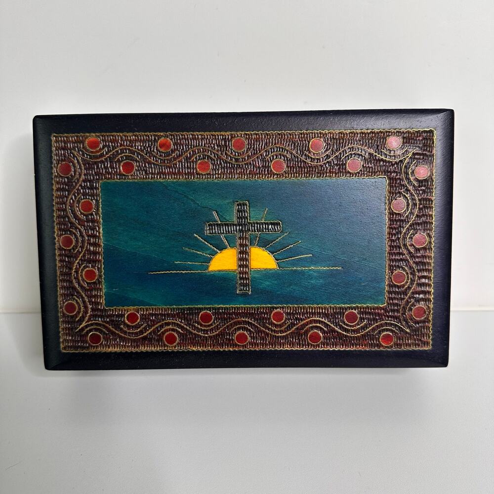 Vintage HandcraftedWooden Polish Trinket Jewelery Box Cross Sunset Christian